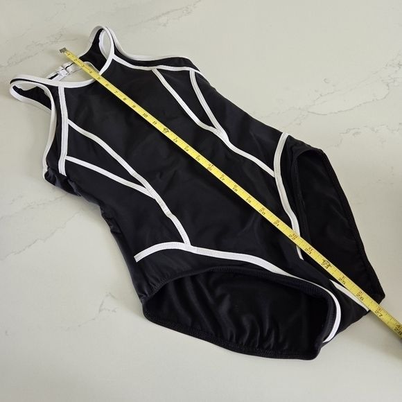 MIRACLESUIT Line Up One-Piece Swimsuit Sculpting High-Neck Black White Piping - Picture 10 of 11